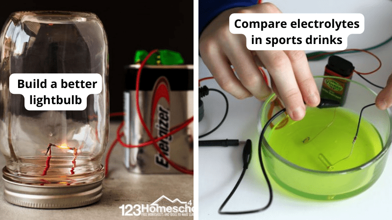 Examples of 8th grade science fair projects and experiments, including building a lightbulb from a battery and glass jar and comparing electrolytes in sports drinks