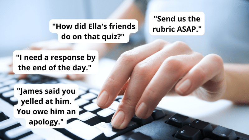 Four examples of things parents should never say in an email to teachers over a photo of hands typing on a keyboard