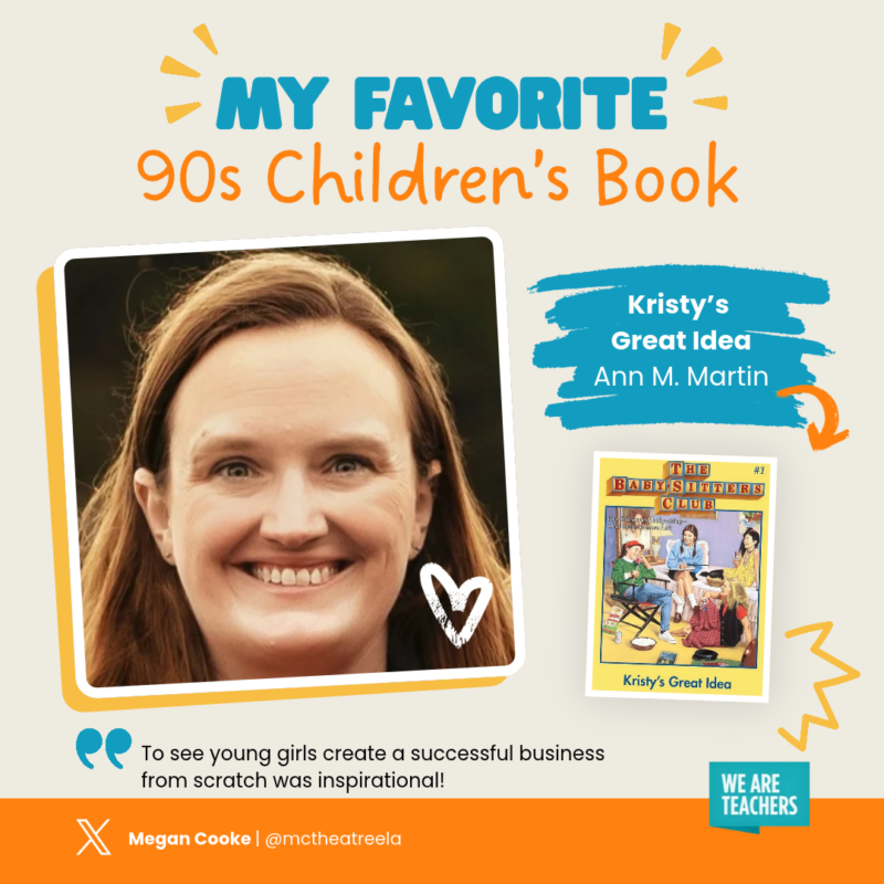 90s-children-book-kristys-big-idea-1 Infographic of a teacher sharing her favorite 90s children's book, Kristy's Big Idea