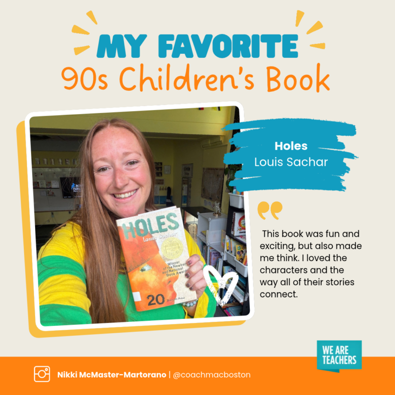 90s-childrens-books-holes-1 Infographic of teacher holding her favorite 90s children's book, Holes