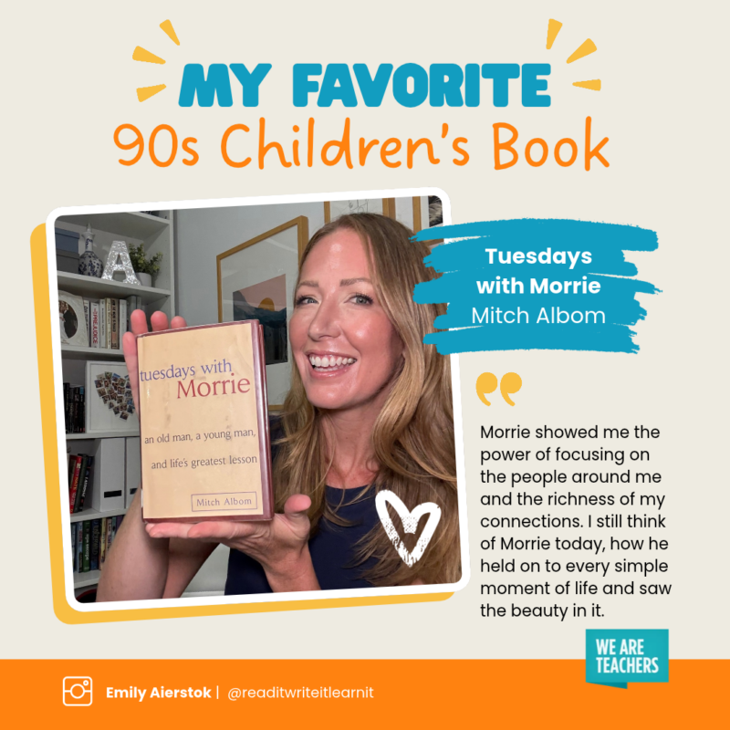 90s-childrens-books-tuesdays-with-morrie-1 Infographic featuring a teacher's favorite 90s era book, Tuesdays with Morrie