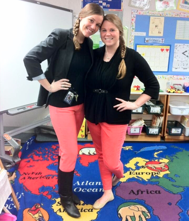 April Fools Jokes for Teachers to Play on Students two teachers dressed up as twins to pranks their students on April Fools' Day