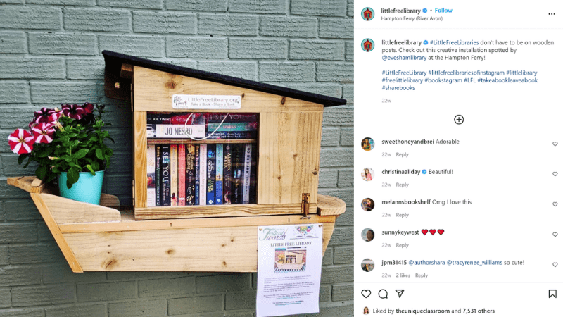 Instagram post of a little free library as an example of an account to follow when you want to unplug from teaching