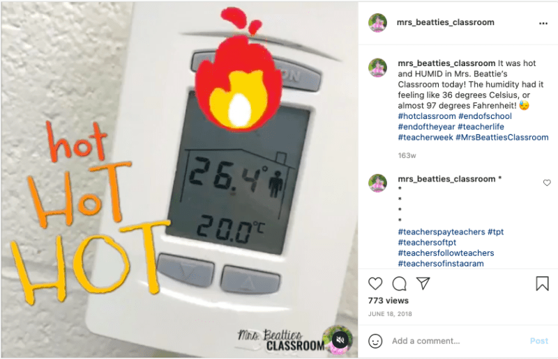 teacher's Instagram post about how hot her classroom is