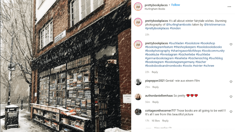 Instagram post of a book store in the snow