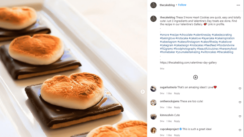 Image of s'mores with heartshaped marshmallows from @thecakeblog on Instagram as an example of an account to follow when you want to unplug from teaching
