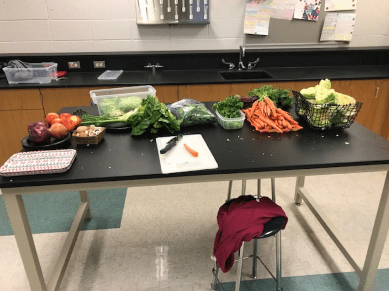 A table of fresh vegetables in a high school cooking lab – Professional Development for Teachers