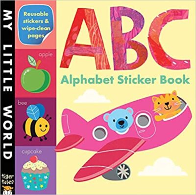 A Book cover has a large A B C on it and says Alphabet Sticker Book. It has a pink plane on it with two cartoon animals in the windows. 