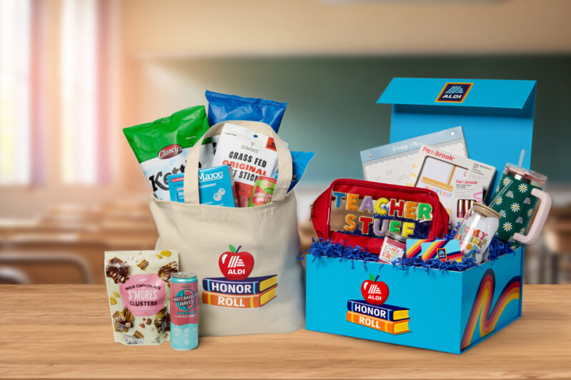 Box and bag of ALDI products sitting on a table