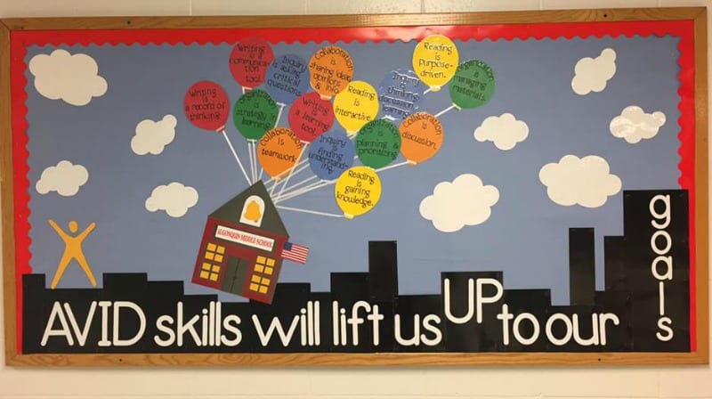 Bulletin board showing a house being carried away by balloons. Text reads AVID skills will lift us up to our goals.