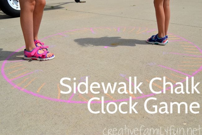 Students standing on a large clock drawn on the sidewalk; text reads Sidewalk Chalk Clock Games