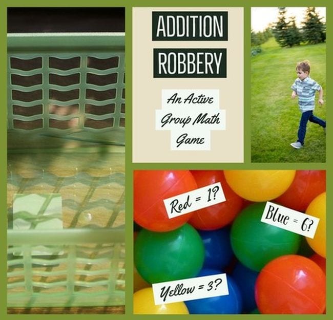 Collage of pictures showing colorful balls and a boy running with the text Addition Robbery: An Active Group Math Game