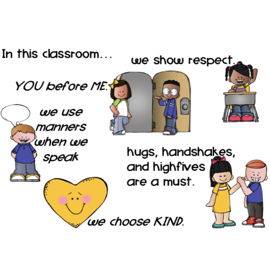 A picture of teacher's class expectations: we show respect, we use manners when we speak, hugs, handshakes, and high fives are a must, and we choose KIND.