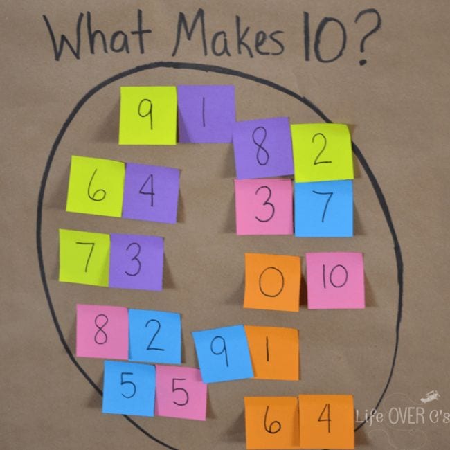 Brown paper with the words "what makes 10" and a large circle drawn on it. Sticky notes are placed in the circle showing different addition equations that add up to 10