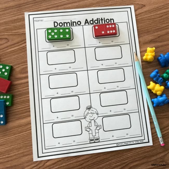 Addition worksheet with two dominos placed to represent addition facts