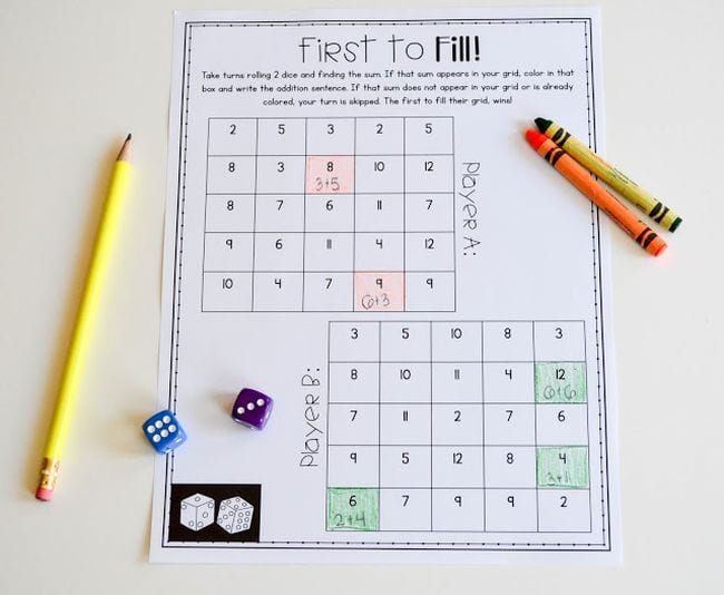 Printable worksheet for playing First to Fill addition game, with pencil, dice, and crayons
