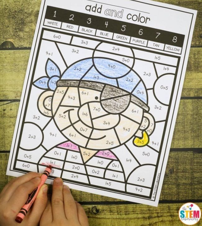 A printable color-by-number worksheet showing a picture of a pirate made by coloring in the answers to addition facts
