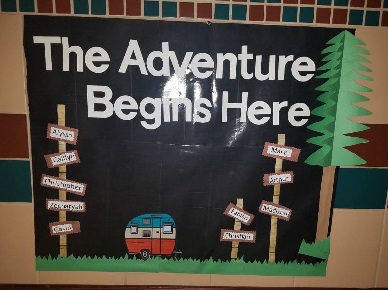The Adventure Begins Here bulletin board, with signposts showing student names, and a paper camper and tree (Back-to-School Bulletin Board Ideas)