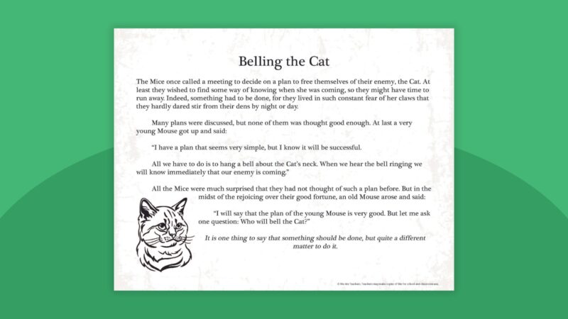 Aesop's Fable Berling the Cat printable with cat illustration on green background.