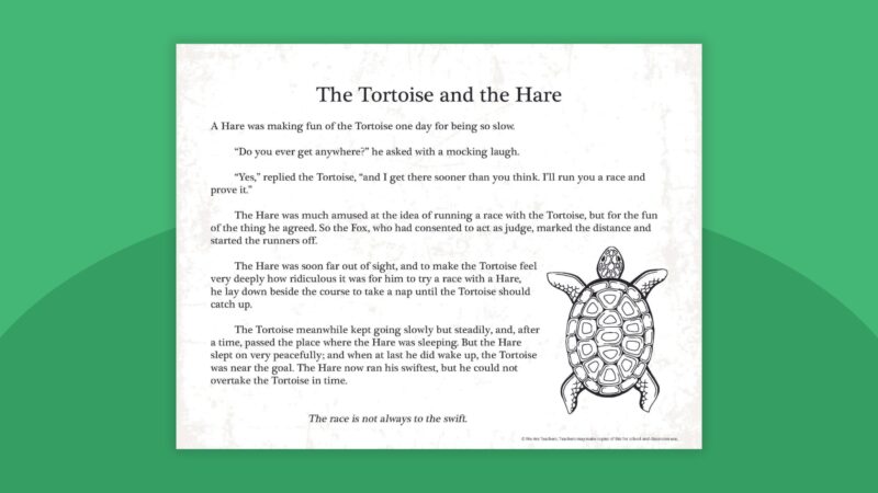 Aesop's Fable The Tortoise and the Hare printable with turtle illustration on green background.