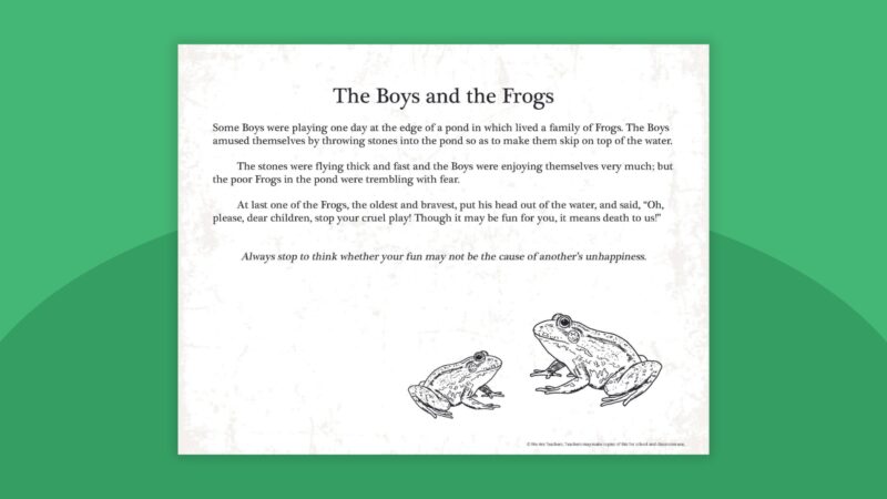 Aesop's Fable The Boys and the Frogs printable with frog illustrations on green background.