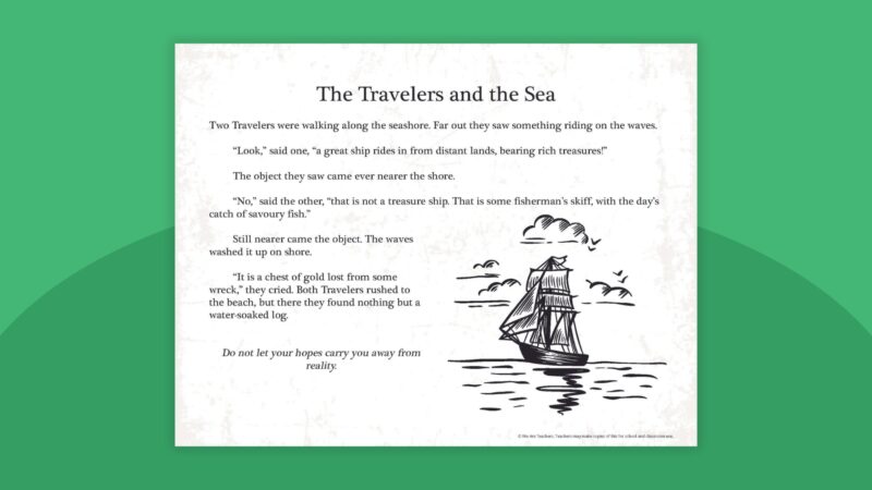 Aesop's Fable The Travelers and the Sea printable with ship illustration on green background.