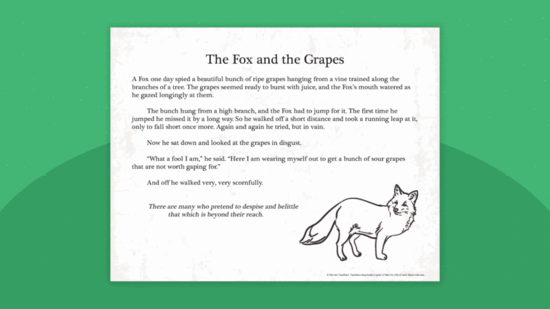 Aesop's Fable The Fox and the Grapes printable with fox illustration on green background.