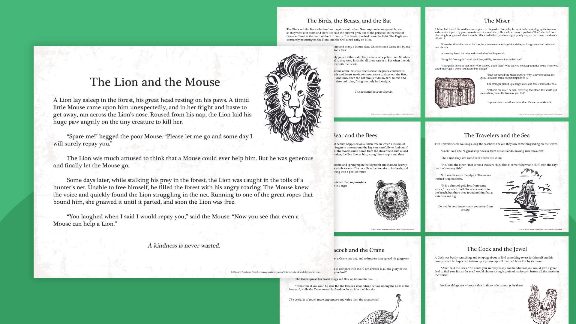 Aesop's Fables printables on green background.