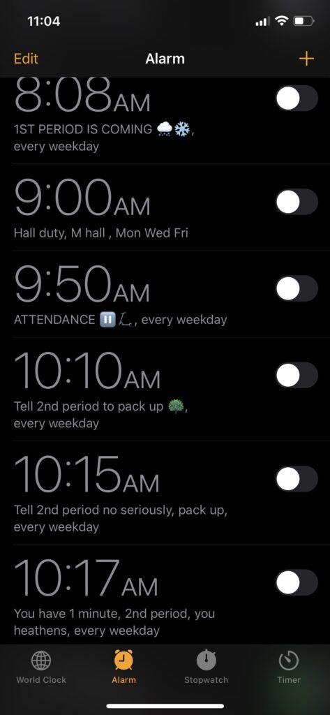 Screenshot of a teacher's alarm on their phone