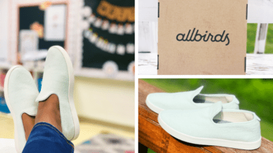 collage with woman wearing Allbirds with feet on desk with classroom in background, Allbirds shoebox, Allbirds Wool Loungers Review