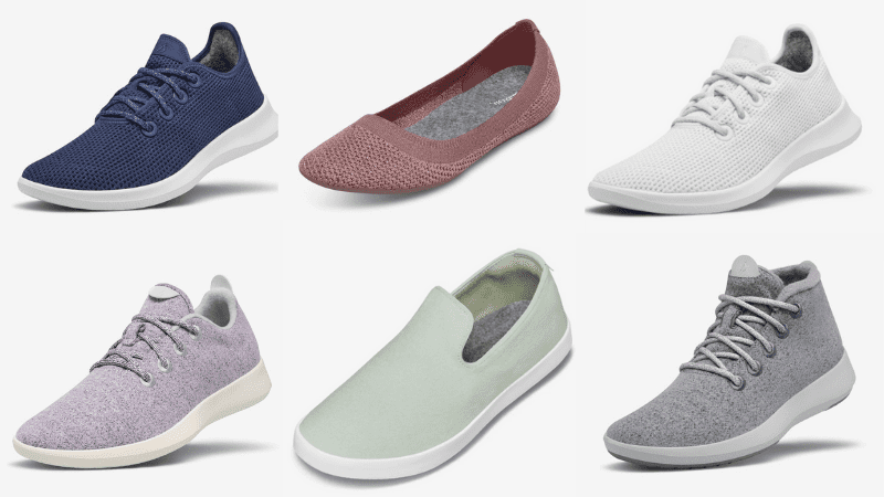 collage of Allbirds shoes in various colors and styles