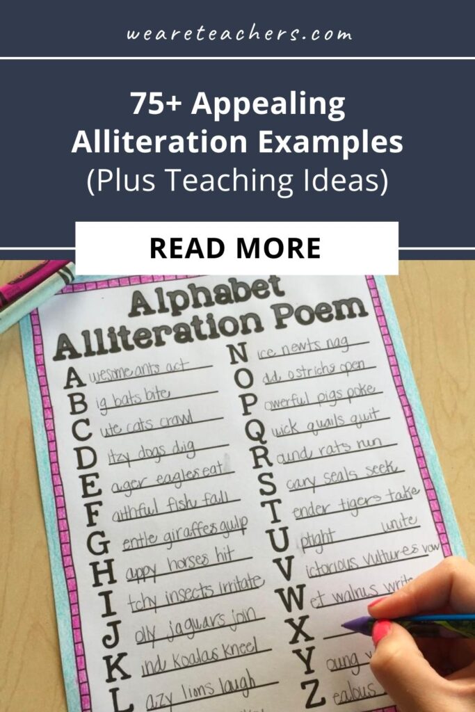 Alliteration is the repetition of the same sound at the beginning of words. Find helpful alliteration examples here, plus ways to teach it.