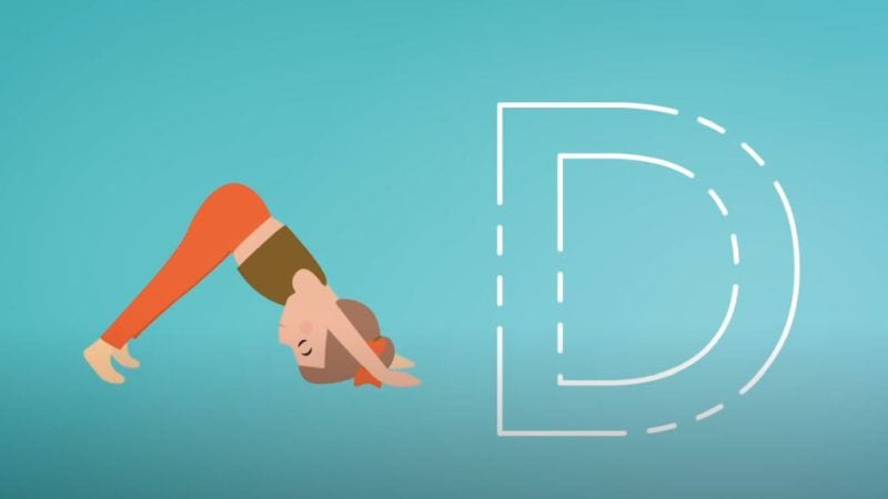 A cartoon lady stretching with the letter, D, next to her.