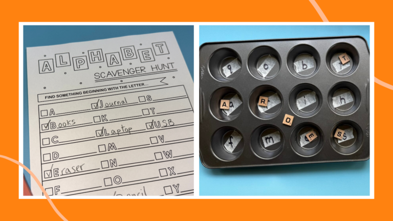 Alphabet scavenger hunt worksheet and alphabet activity using muffin tin and scrabble letters.