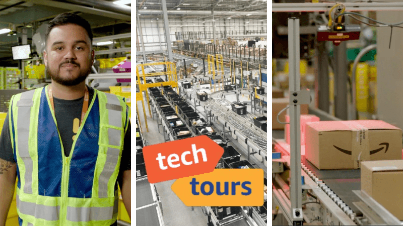Amazon Fulfillment Center Tech Tours with photo of warehouse, Amazon boxes on conveyer belt, and Amazon worker wearing safety vest.