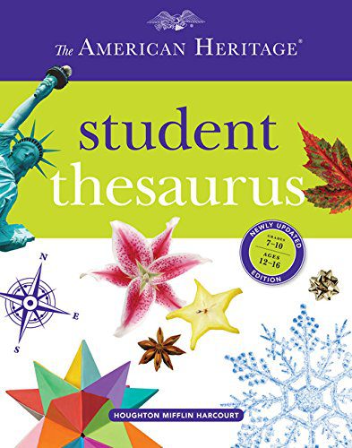 A purple bar at the top says The American Heritage. Then a green bar has the text student thesaurus. It also features a compass and flowers on the cover. 