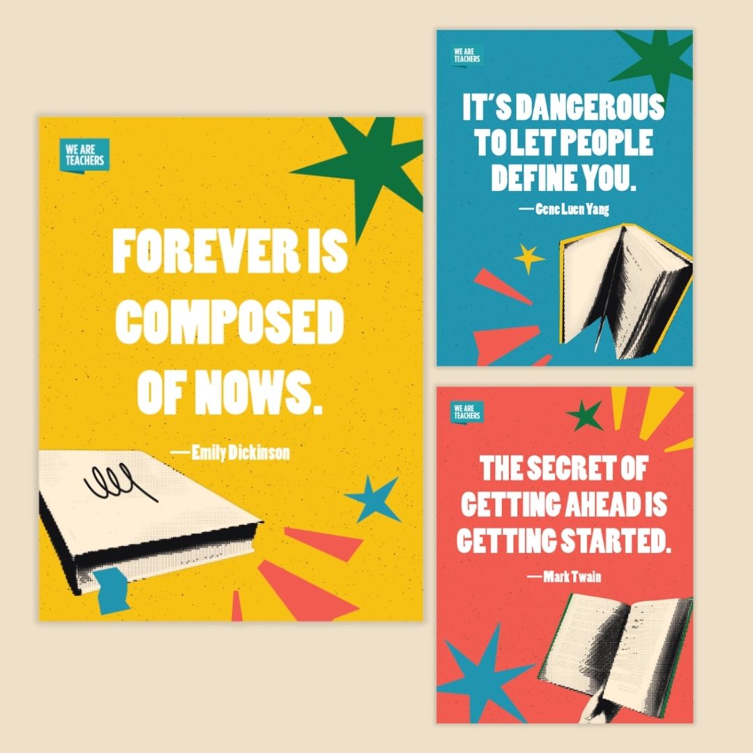 Images of quotes about books on a red, blue, and yellow poster.