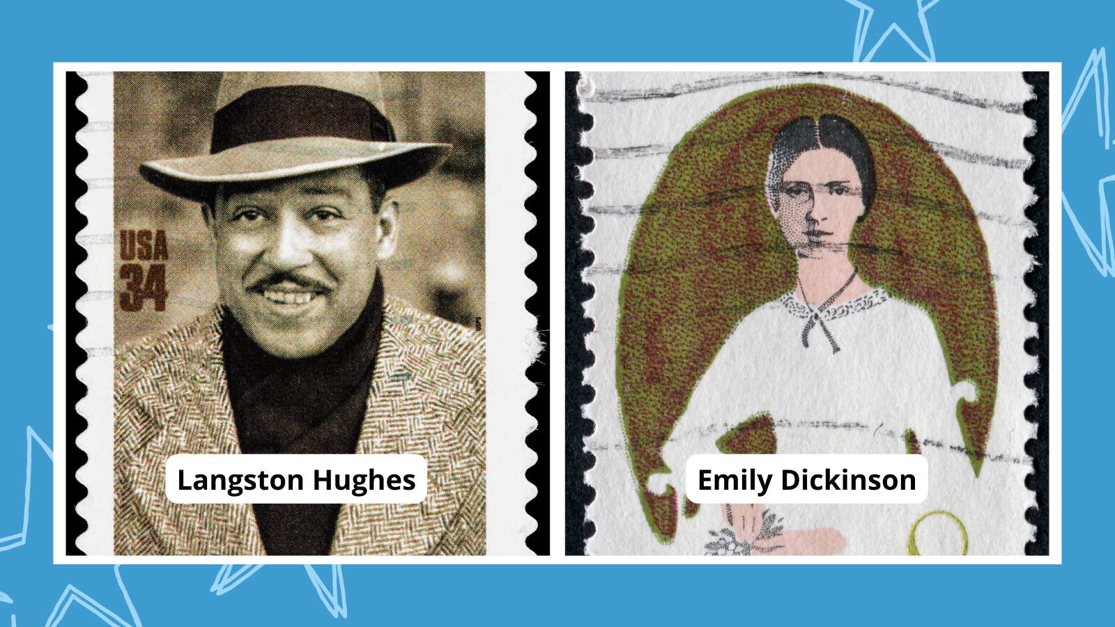 Postage stamps featuring two American Poets: Langston Hughes and Emily Dickinson.