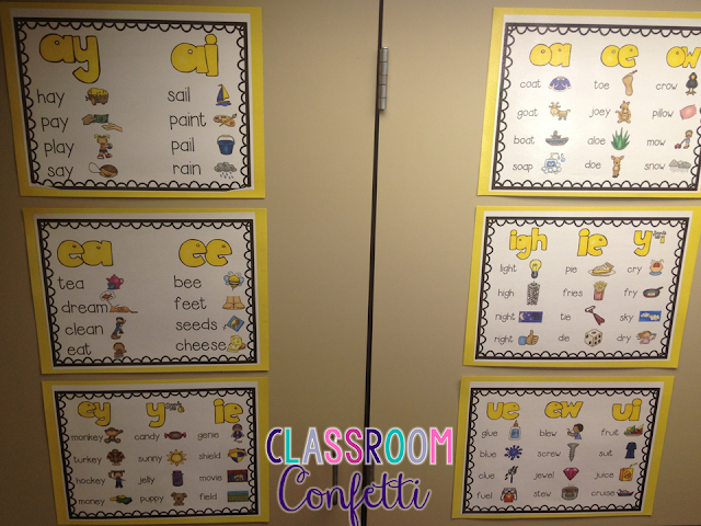 six different mini charts hanging on a wall with different vowel team examples on each one