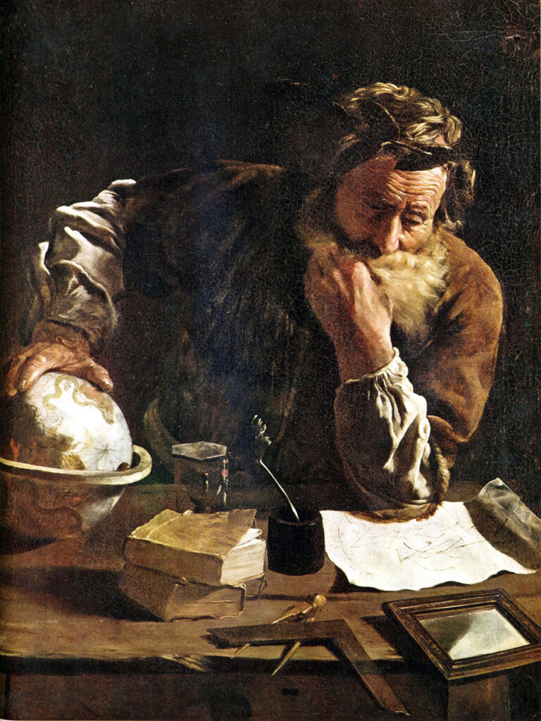 Famous engineers include Archimedes who is pictured here looking pensive at a desk in a painting. 