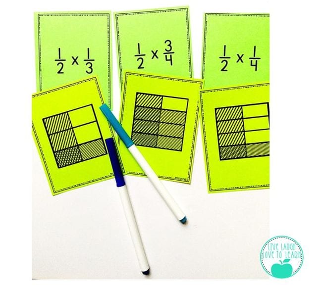 Cards showing area method multiplication for fractions