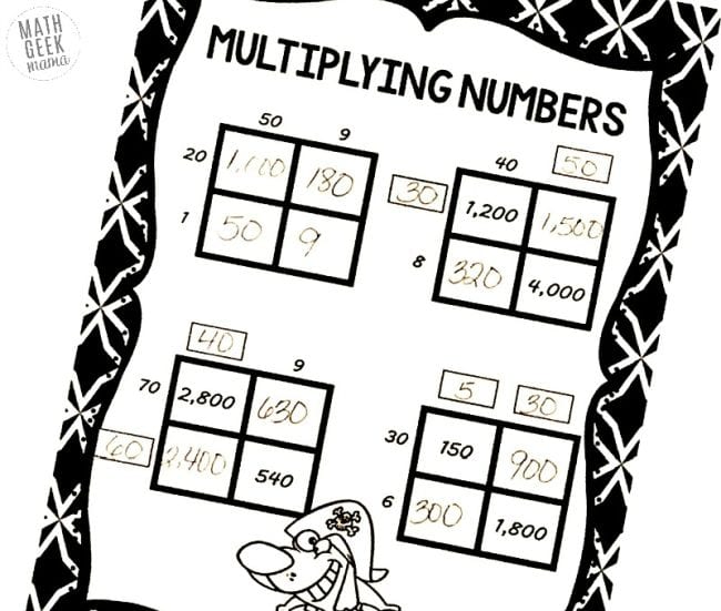 Worksheet showing area model multiplication practice puzzles