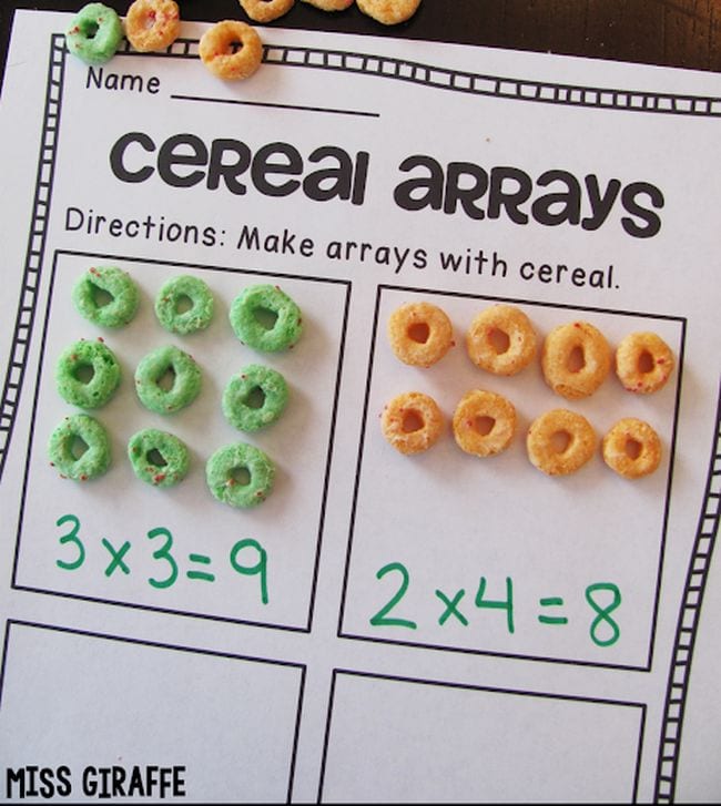 Multiplication arrays using Froot Loop cereal pieces - Area Model Multiplication