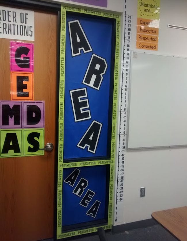 Classroom decorated with area and perimeter posters