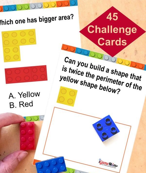 area and perimeter challenge cards with questions and lego shapes on each one