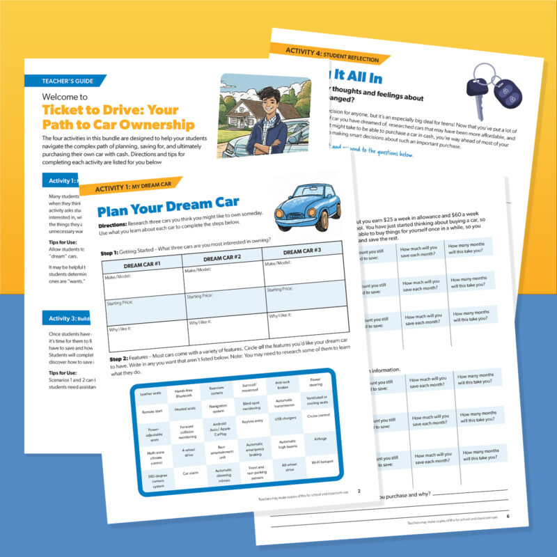 Image that shows several of the pages from the how to buy your first car lesson plan bundle