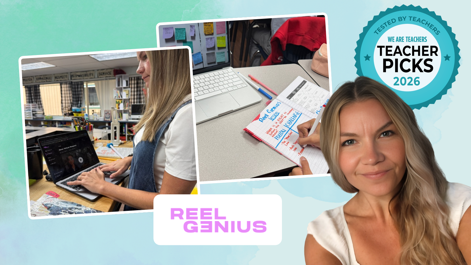 Teacher Michaela Araba with Teacher Picks logos and Reel Genius being used in the classroom.