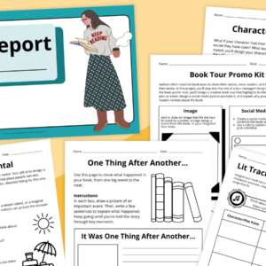 Flay lay of book report template worksheets and slides on a yellow background