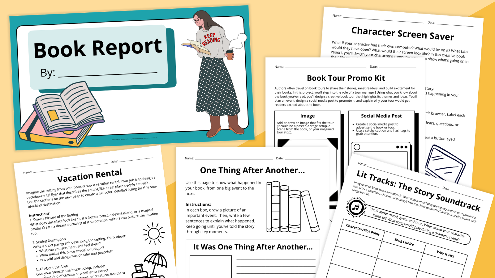 Flay lay of book report template worksheets and slides on a yellow background