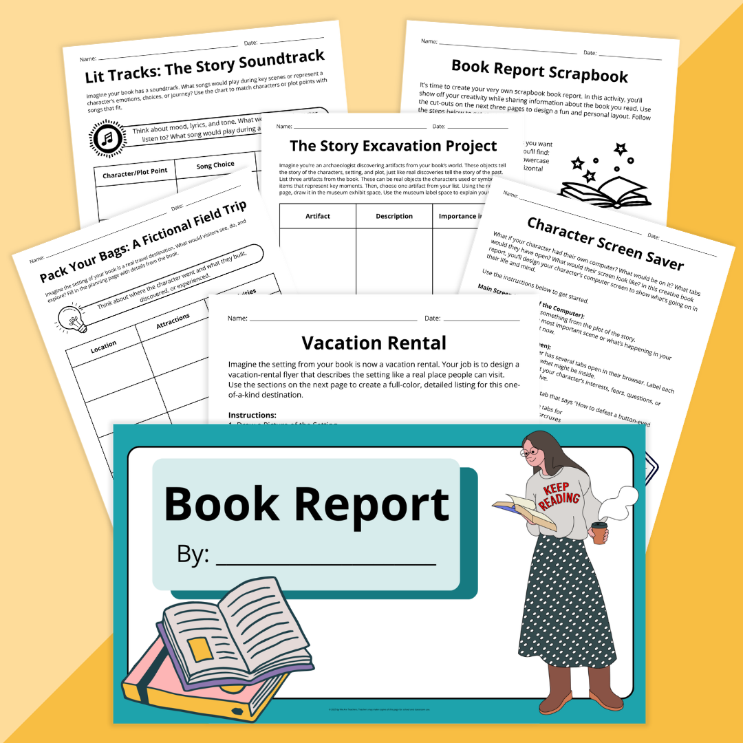 Flay lay of book report template worksheets and slides on a yellow background